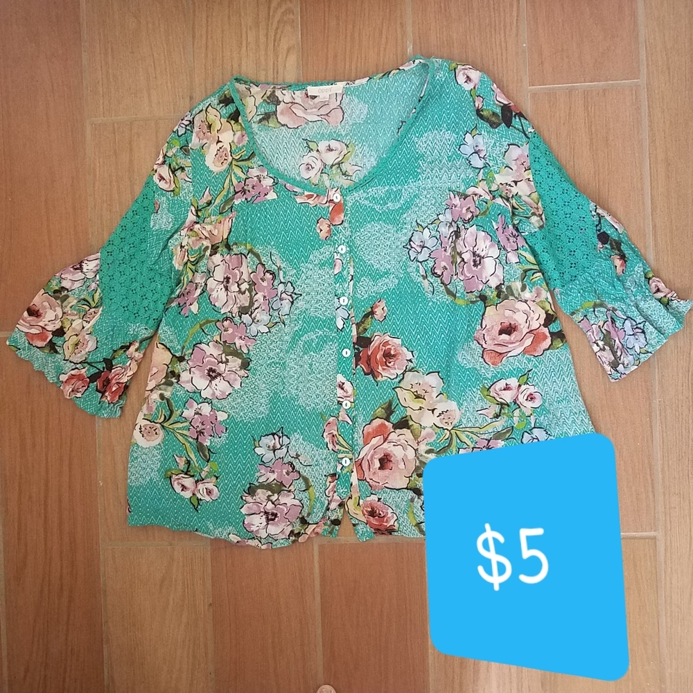 ODDY Boho Green Floral Top, Med.